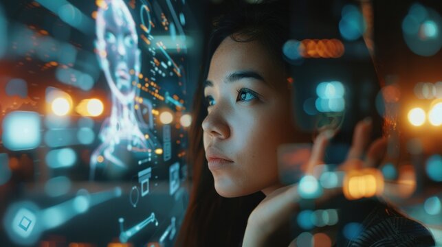 Woman Interacting with Holographic Interface and Artificial Intelligence Humanoid in a Futuristic Lab - Powered by Adobe