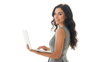 Young woman smiling working on laptop computer with black background professional office setting isolated on transparent background