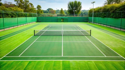 Desolate green tennis court with empty space, void, green,  void, green, tennis court