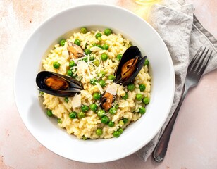 Creamy risotto with mussels and peas in a white bowl (1)