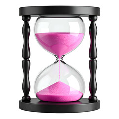 Hourglass with pink sand flowing from upper bulb to lower bulb, black wooden frame