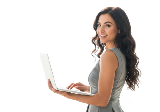 Young woman smiling working on laptop computer with black background professional office setting isolated on transparent background