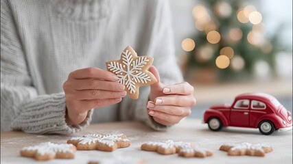Female baker holding festive snowflake decorated gingerbread cookie near christmas tree, toy car and additional cookies on wooden surface video 4k - Powered by Adobe