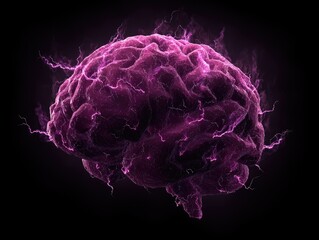 A glowing, stylized brain with electric crackles, set against a black background