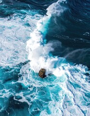 Powerful ocean waves crashing over a rock