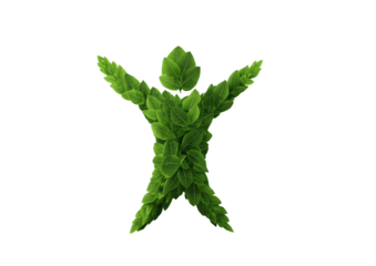Human figure formed from green leaves symbolizes nature and vitality, with arms raised in gesture of celebration and connection to environment. This evokes feelings of harmony and growth