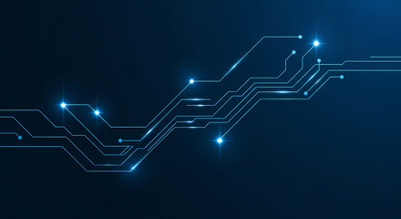 Abstract circuit board with glowing elements, shining bright against blue background. Circuit board design features interconnecting lines and luminous points,