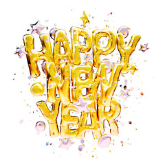 Golden letters Happy New Year in helium balloons with stars and confetti isolated on a transparent...