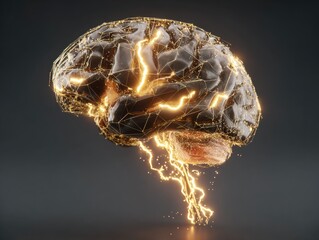 A wireframe brain with glowing lightning bolts over a dark gray backdrop