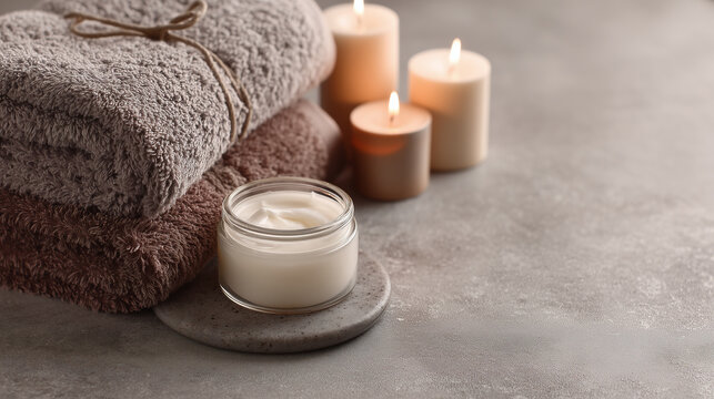 Skincare jar towel candle stone plate spa relaxation wellness cream cozy soft create calming spa atmosphere with neutral tones and soothing textures for self care