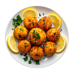 A white plate showcases golden, crispy fried balls, garnished with parsley and lemon wedges