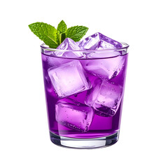 A vibrant purple cocktail with ice cubes and mint sprig against a black background