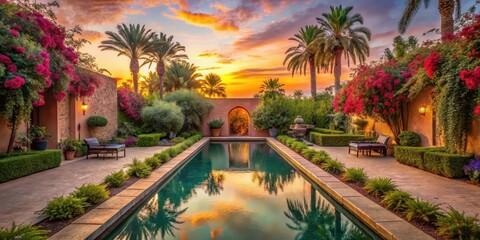 Fototapeta premium Soothing water features in riad pool surrounded by lush greenery and vibrant flowers at sunset relaxing vacation retreat, desert landscape, tranquil
