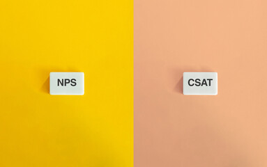 NPS and CSAT Letter Tiles on Yellow and Pink Backgrounds