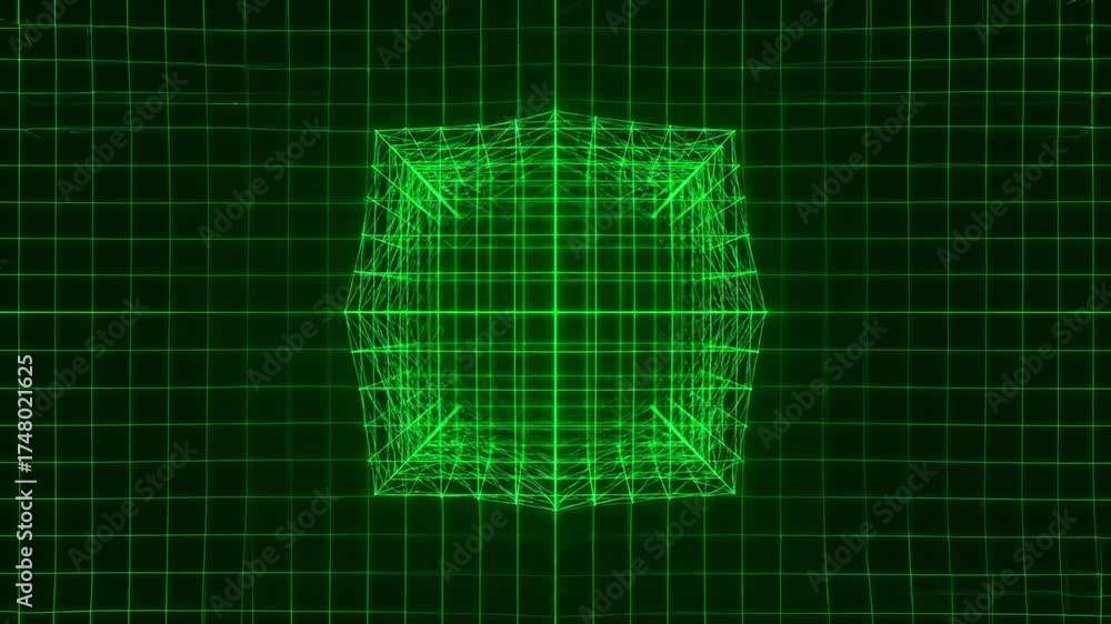 Sticker seamlessly looping video featuring a modern green geometric grid shifting and expanding on a dark ab