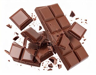 Broken chocolate bar in mid-air.  Pieces scattered