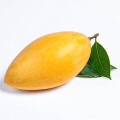 Single ripe mango, oval shape, golden yellow, with two small leaves on top