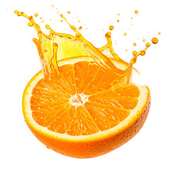 A halved orange with vibrant juice bursting outward from its center against a dark backdrop