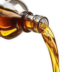 Clear glass bottle pouring amber liquid against a black background, showcasing fluid dynamics