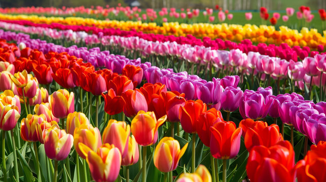 A panoramic view of a colorful tulip field in Noordoostpolder.