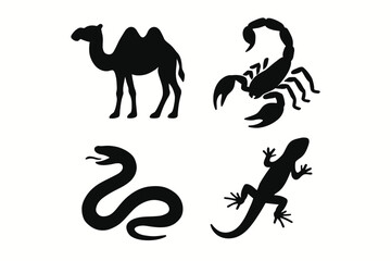 Fototapeta premium Silhouettes of desert animals: camel, scorpion, snake, and lizard on white background