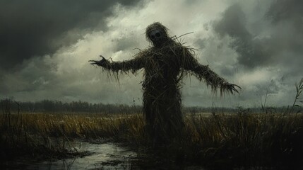 Mysterious figure in marshland under a stormy sky