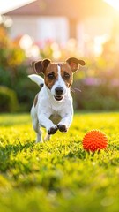 Playful dog in a garden, running towards an orange ball. Sunny, blurred background