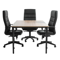 Office setup with a rectangular table and four black leather chairs, centered on a black background