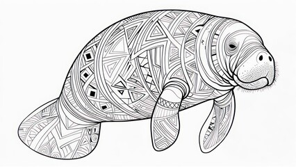 Intricate Manatee Illustration with Geometric Patterns and Detailed Design.