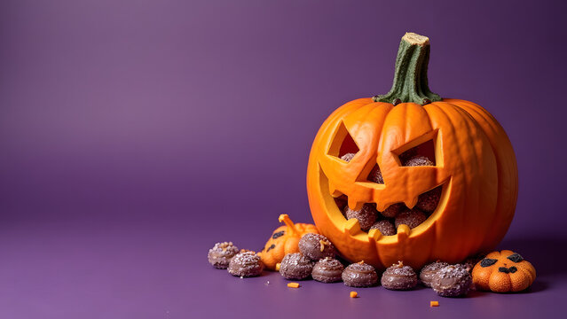 An image of a bright orange pumpkin with a Halloween-style cut-out face filled with colorful gummy candies. Banner, advertisement, or poster with space for text. - Powered by Adobe
