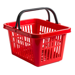 A bright red plastic shopping basket with a black handle. Isolated on a black background