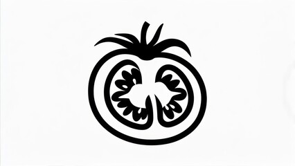 Black and white illustration of a tomato, sliced to reveal seeds and inner structure