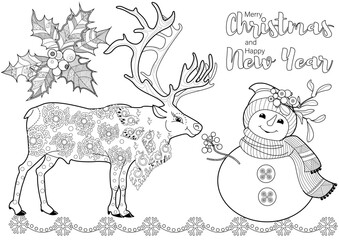 Antistress coloring picture. This coloring page features Santa's reindeer and snowman . The outline drawing can easily be colored with crayons to create a vibrant card.
