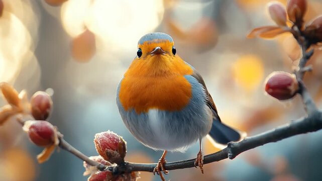 Charming European Robin Perched on a Budding Branch.