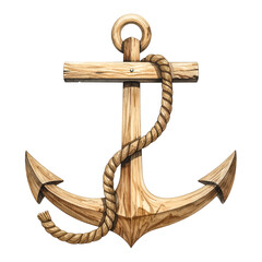 A vintage wooden anchor with rope wrapped around it, against a solid black background