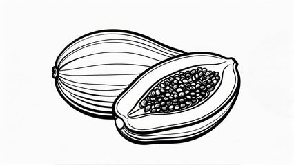 Detailed black and white illustration of a papaya, one whole, one sliced revealing seeds