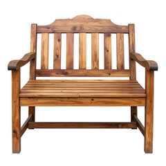 Wooden garden bench with slatted seat, back, and curved armrests against a black background