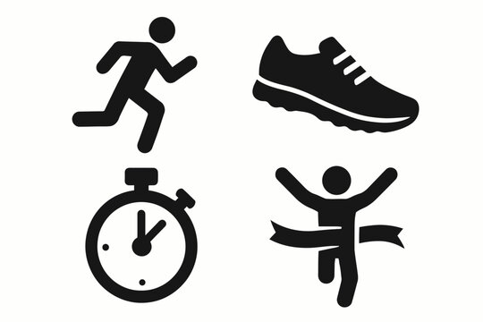 Running icons: athlete, shoe, stopwatch, finish line symbols