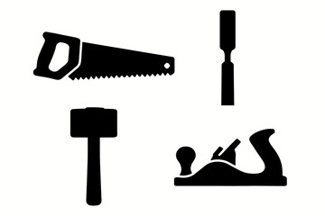 Silhouette of classic woodworking tools: saw, chisel, mallet, and plane