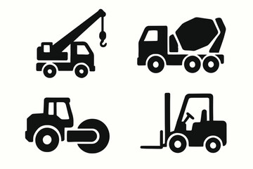 Naklejka premium Silhouette icons of construction vehicles: crane, cement mixer, road roller, forklift