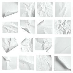 16 paper squares, each with a unique crumple, curl, or crease. All are white on a black background