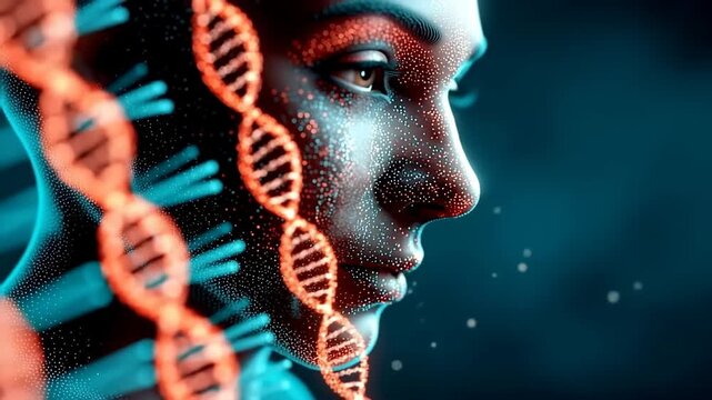 Human face with glowing DNA helix structure, futuristic biotechnology concept
