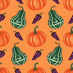 Vibrant Seamless Fall Pattern with Orange Pumpkins, Striped Green Gourds, and Purple Peppers on Warm Orange Background for Halloween and Autumn Designs