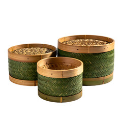 Three woven bamboo containers, varying sizes, filled with food, against a black background