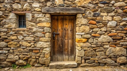 Ancient stone building with old door on rustic stone wall, earthy colors