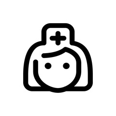 Illustration of a nurse icon with a medical cross on her cap and simple facial features in black outline