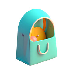 3D-rendered teal handbag with orange handles and contents against a black backdrop