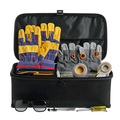 Open toolbox filled with gloves, tape, tools, and safety glasses on black background