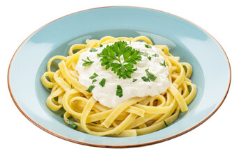 Isolated linguine pasta dish with alfredo sauce and fresh parsley, served on plate, food photography