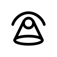 Stylized black and white drawing of an abstract eye shape with an arc above it and a conical base below